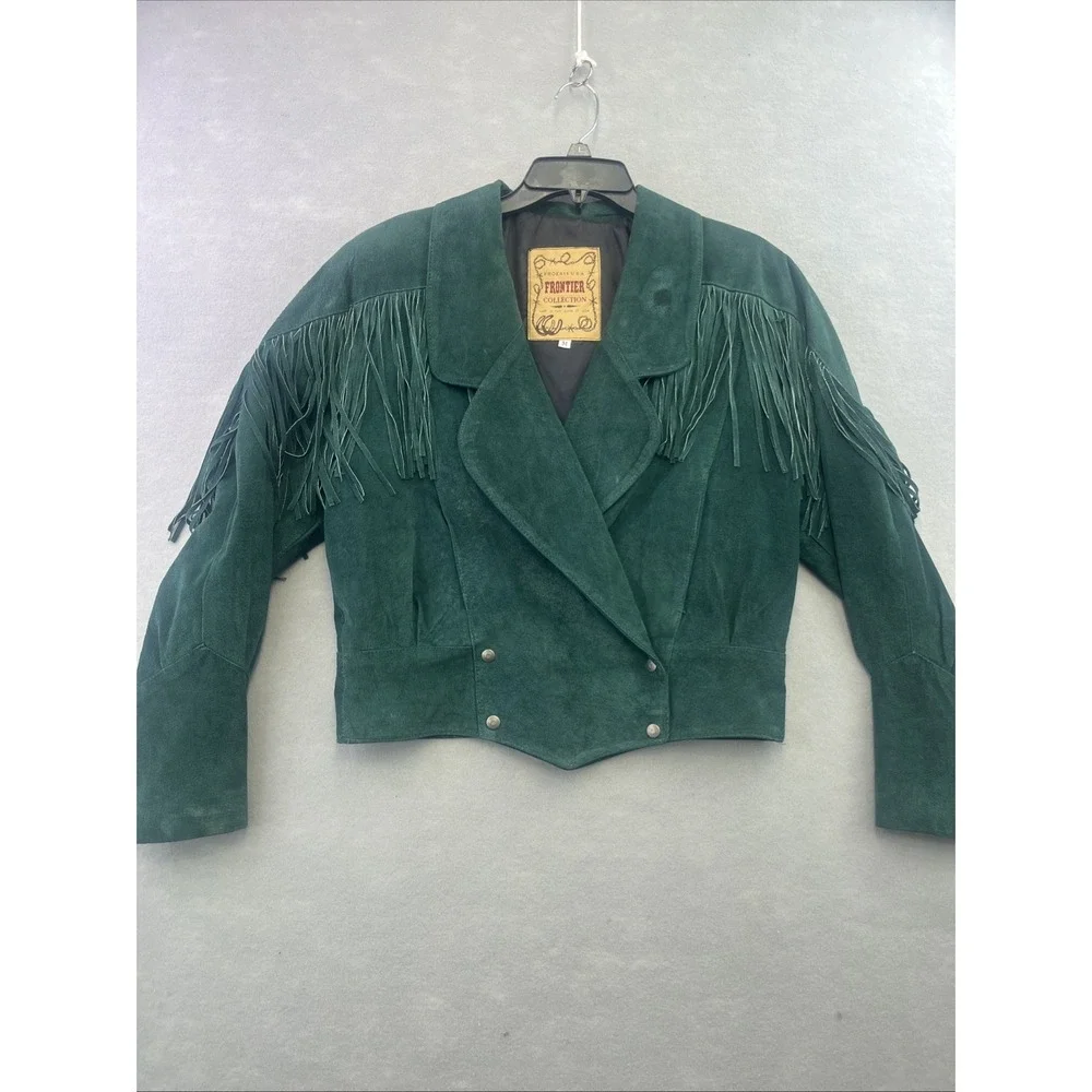 Frontier Collection Womens M Western Green Leather Suede Fringe Jacket USA Vtg - Picture 2 of 14